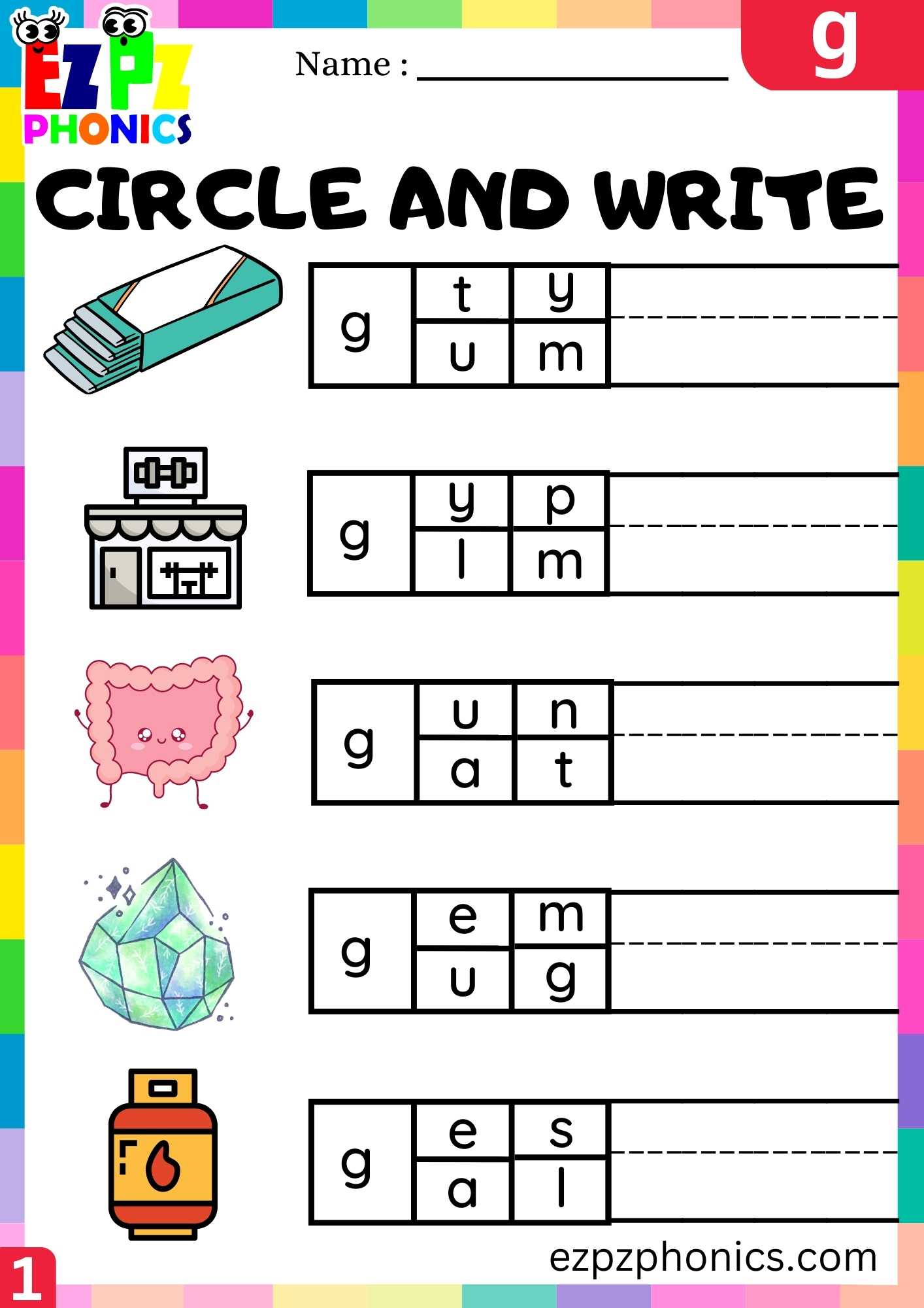 Letter G Circle And Write Beginning Sounds Worksheet - Ezpzphonics.com